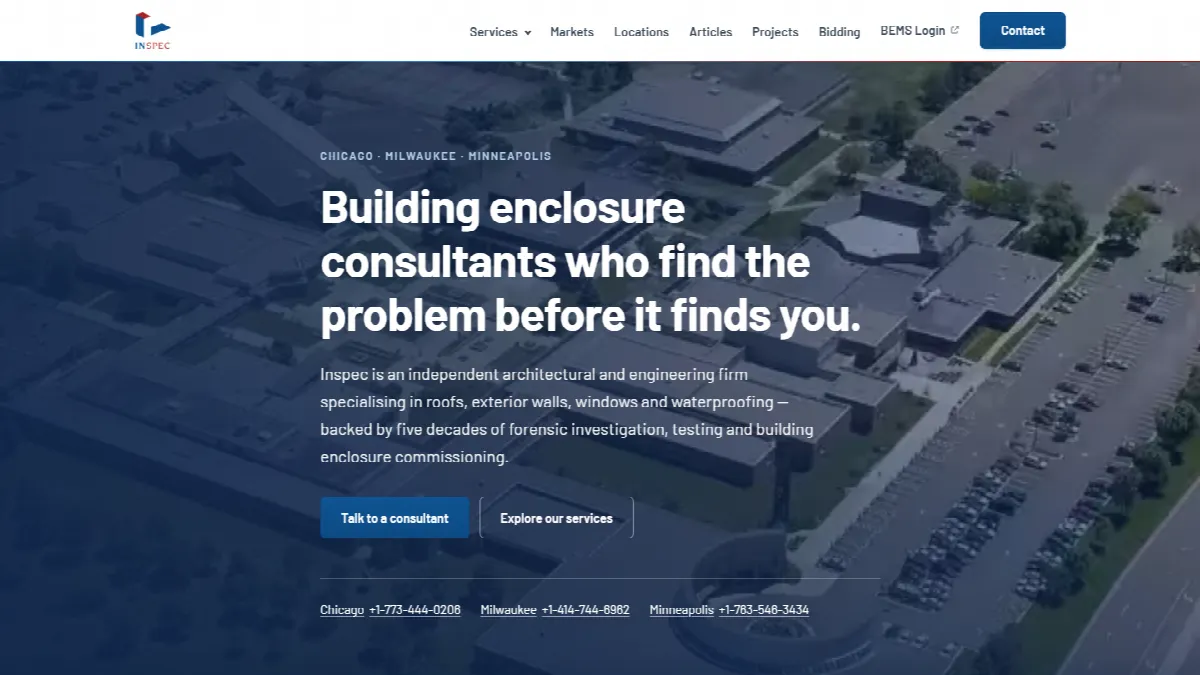 The inspec.com home page: “Building enclosure consultants who find the problem before it finds you” over an aerial photograph of commercial buildings