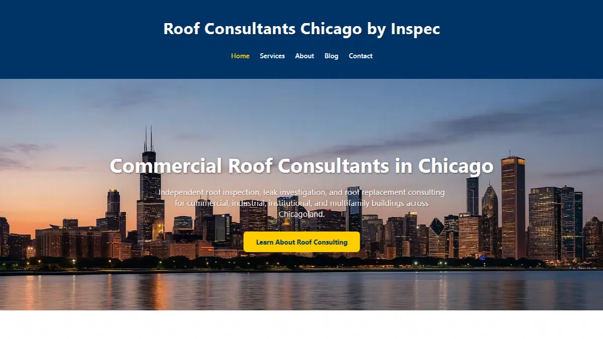 The Roof Consultants Chicago home page: “Commercial Roof Consultants in Chicago” over the Chicago skyline at dusk